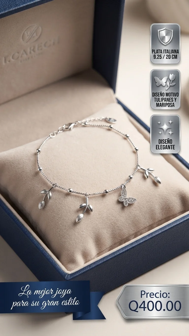 Pulsera de Dama con Motivo de Tulipanes y Mariposas en Plata Italiana 9.25