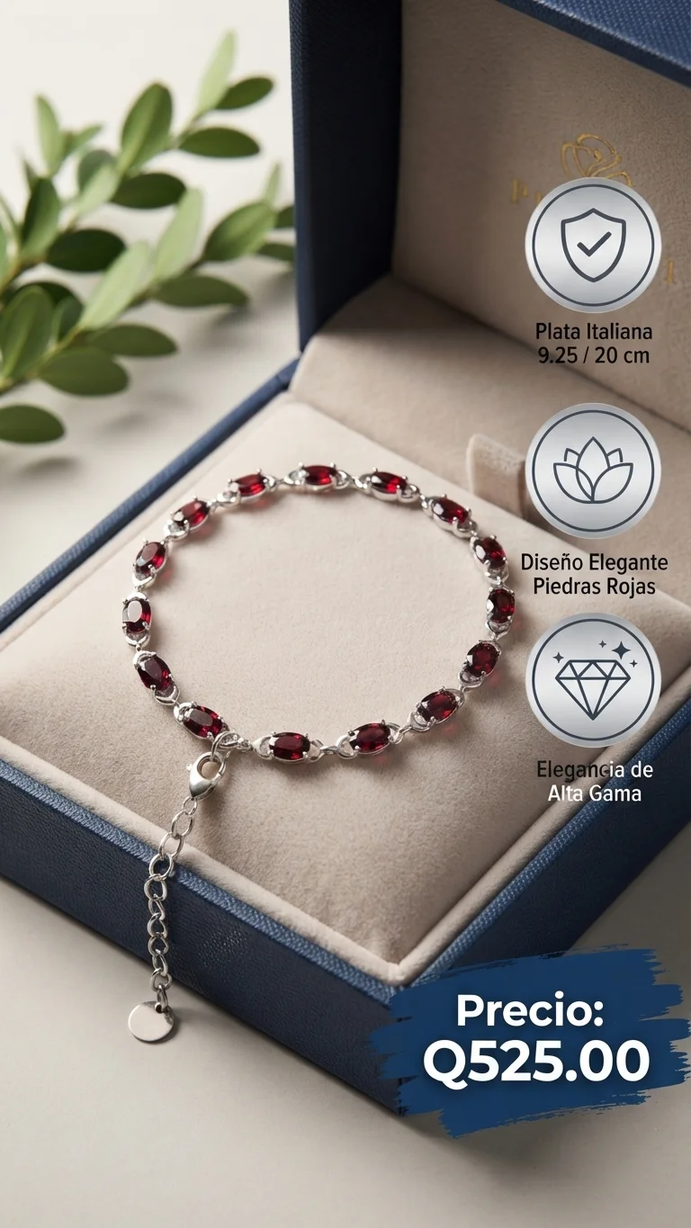 Pulsera Elegante de Piedra Roja en Plata Italiana 9.25