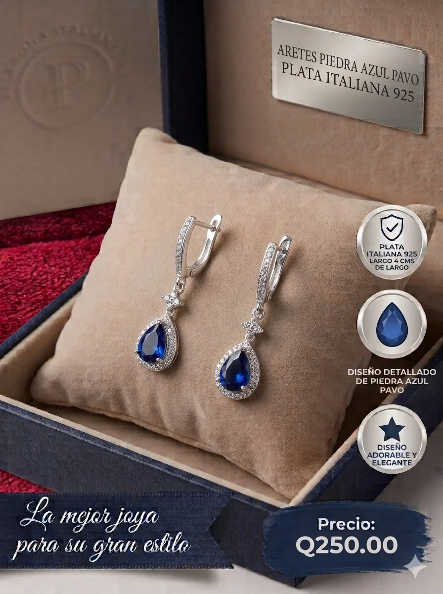 Aretes Colgantes con Piedra Azul Pavo en Plata Italiana 925