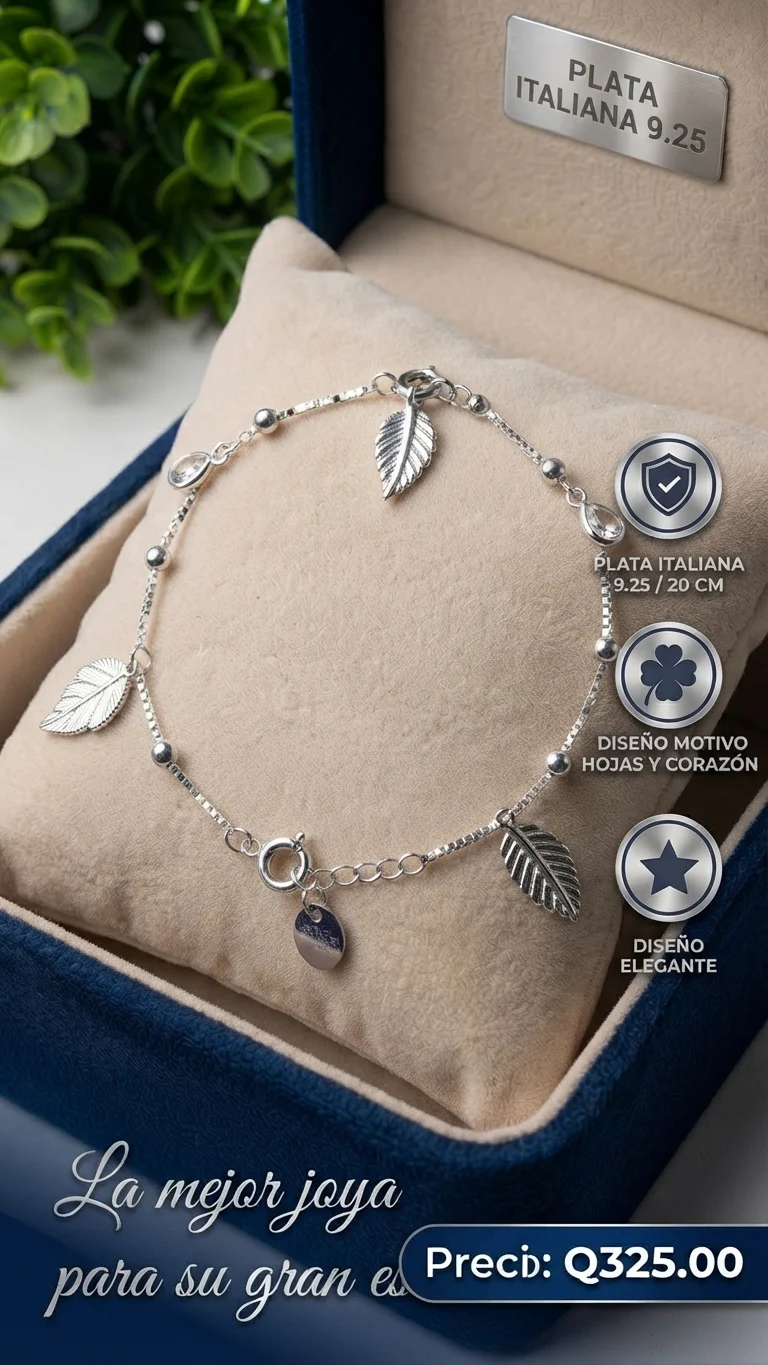 Pulsera con Dijes de Hoja y Corazón en Plata Italiana 9.25