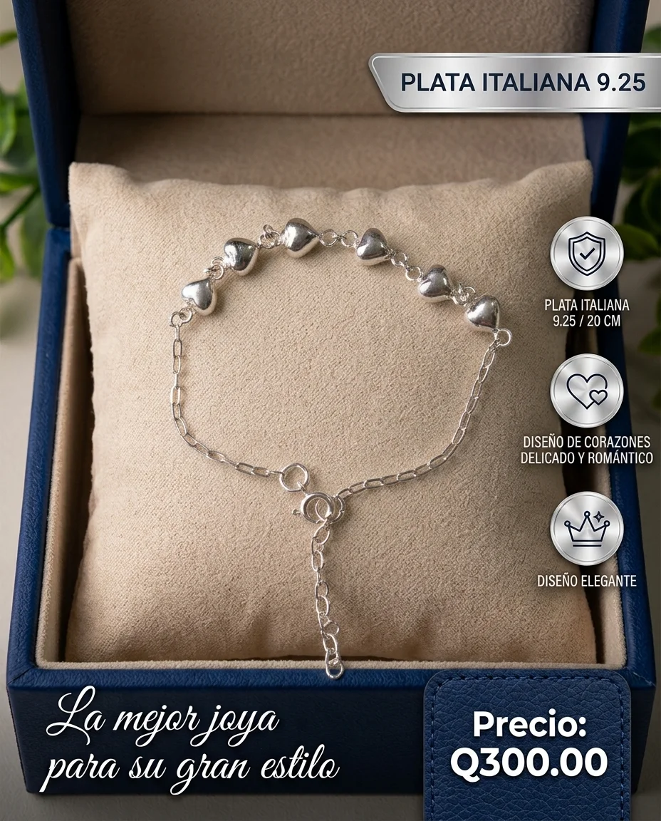 Pulsera de Corazones – Plata Italiana 9.25