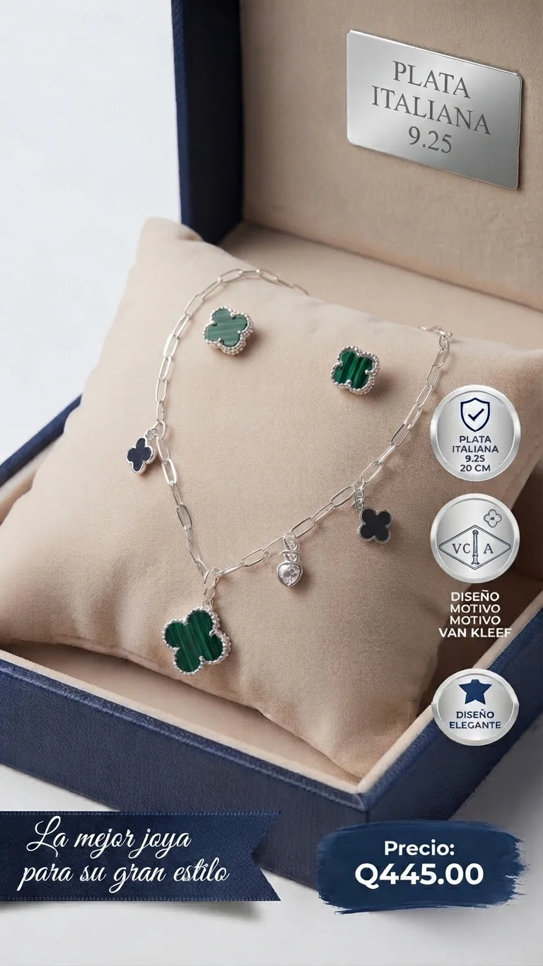 Juego de Plata Italiana 9.25 Diseño Van Cleef Verde