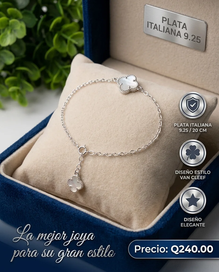 Pulsera Estilo Van Cleef en Plata Italiana 9.25 con Trébol Blanco