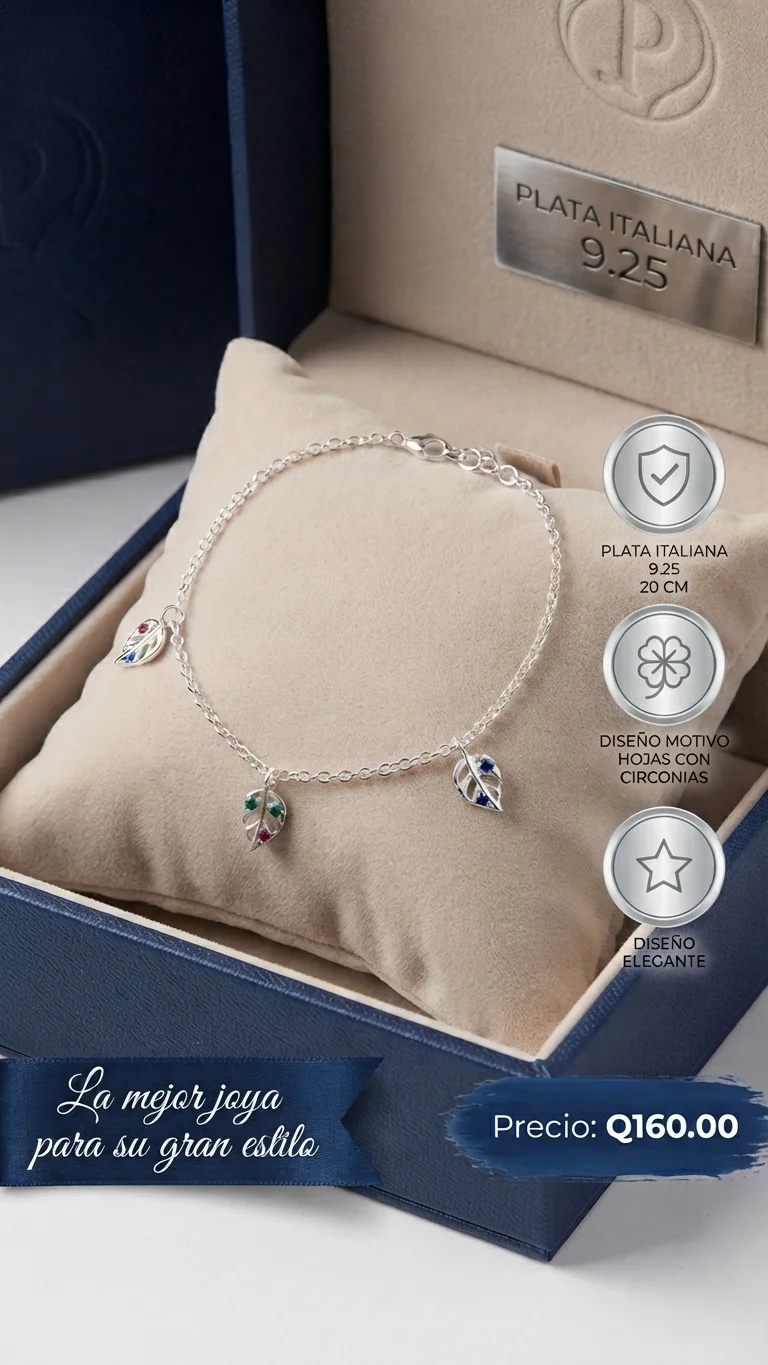 Pulsera de Dama con Motivo de Hojas y Perlas en Plata Italiana 9.25