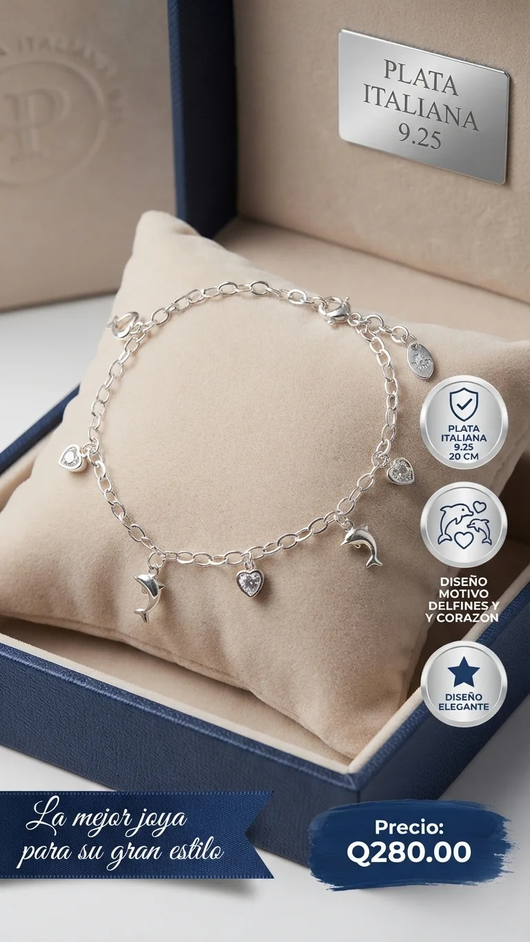 Pulsera con Dijes de Delfines y Corazones en Plata Italiana 9.25